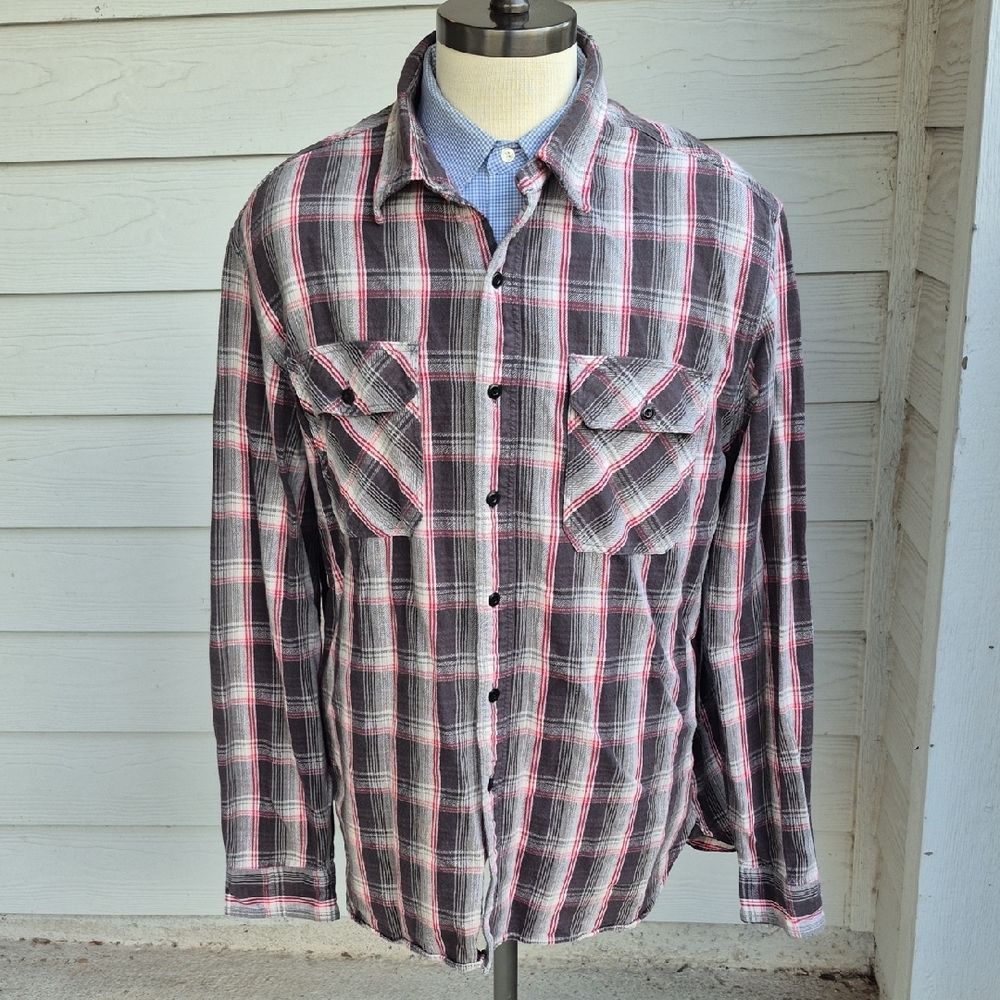 RRL Ralph Lauren Grey Brown Red Plaid Cotton Flannel XXL Mens Long Sleeve Shirt